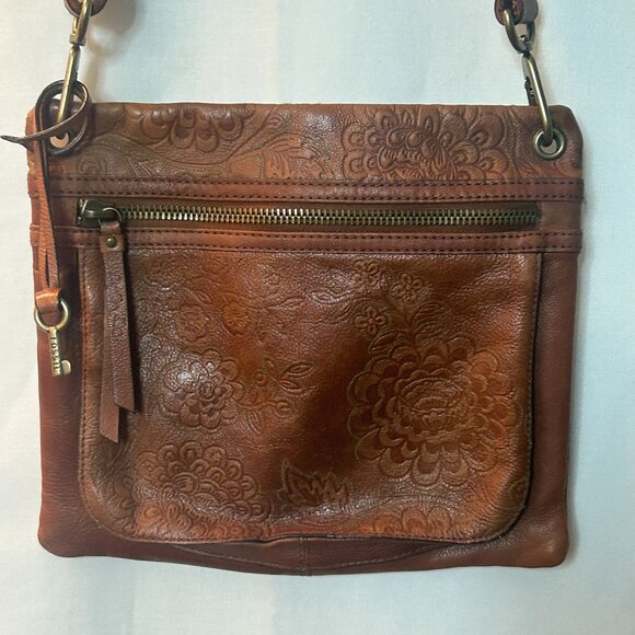 Vintage Fossil Embossed Leather Crossbody Bag Floral Adjustable Strap - Picture 1 of 5